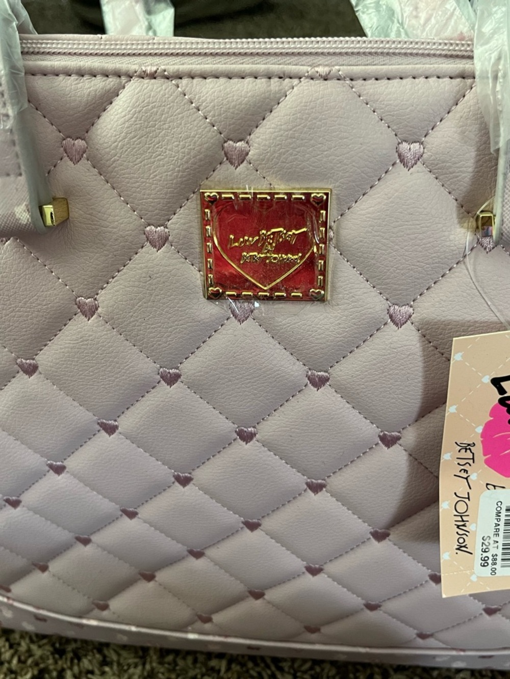 Betsey Johnson Lilac Quilted Heart Shoulder Bag with Gold Plate - Picture 3 of 5